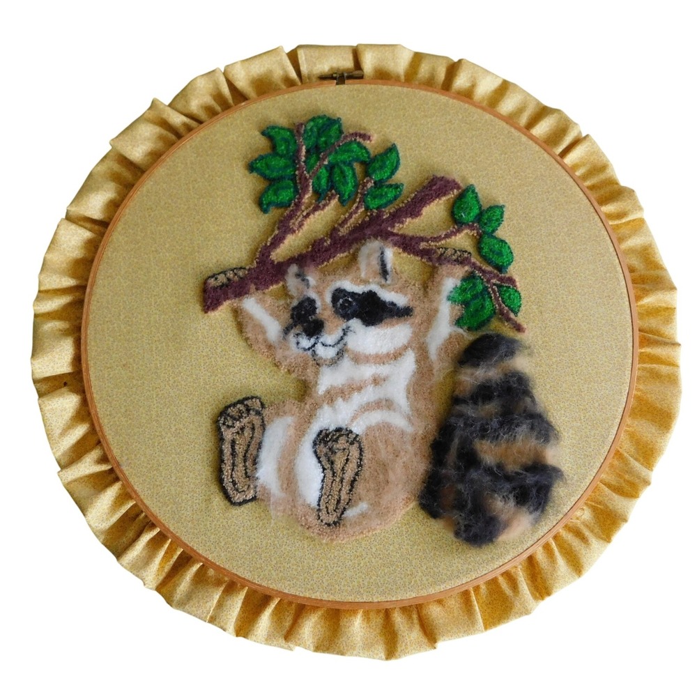 Vintage Punch Needle Raccoon Wall Hanging, Woodland Art, Cottagecore, Cabincore